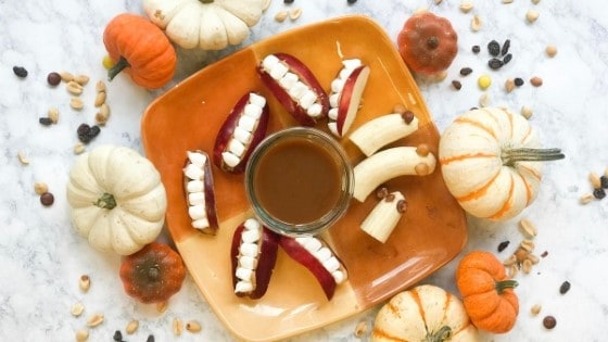 Monster Fruit Tray with apples and bananas with caramel dipping sauce